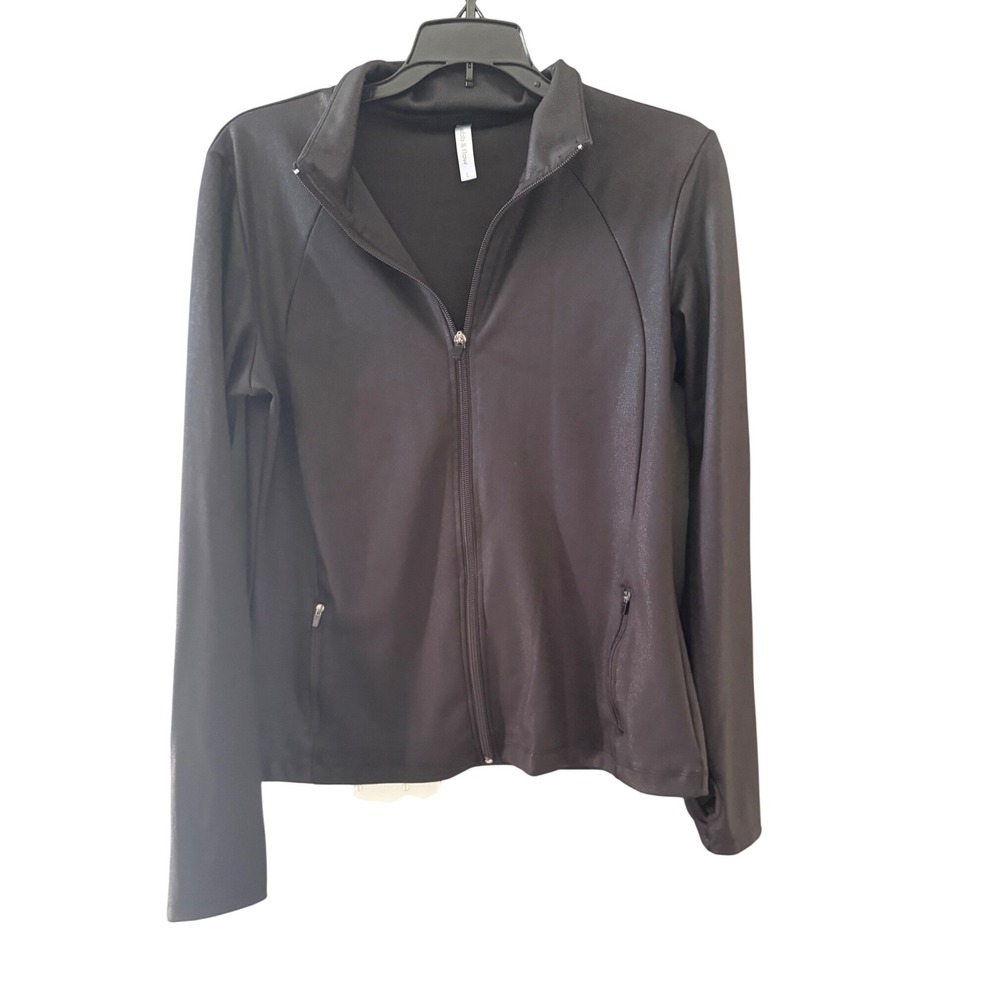 Ebb‎ & Flow Womens Black Textured Full Zip Athletic Jacket Thumbholes Large